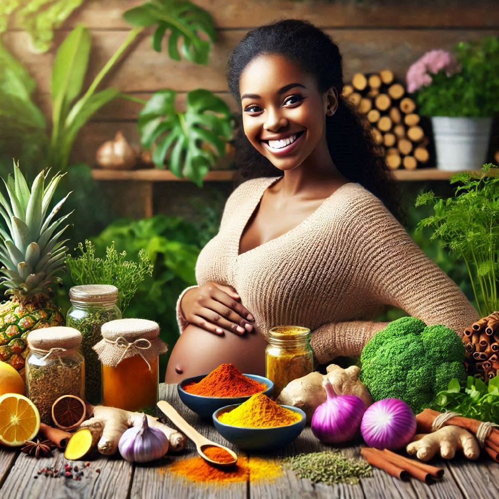 A beautiful, confident pregnant woman stands at the counter, sprinkling cumin and coriander into a bowl of fragrant, steaming stew. Her hands delicately handle the spices, adding a personal touch to her cooking ritual. She looks down at her growing belly with affection, knowing the power of these natural ingredients in supporting her well-being and the health of her baby. The scene is filled with warmth, balance, and nurturing energy.